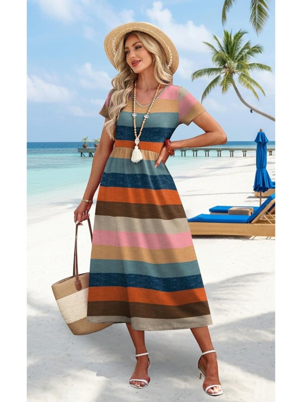 Women's Boho Retro Stripe Summer Flowy A-Line Midi Beach Vacation Sundresses - Picture 2 of 5